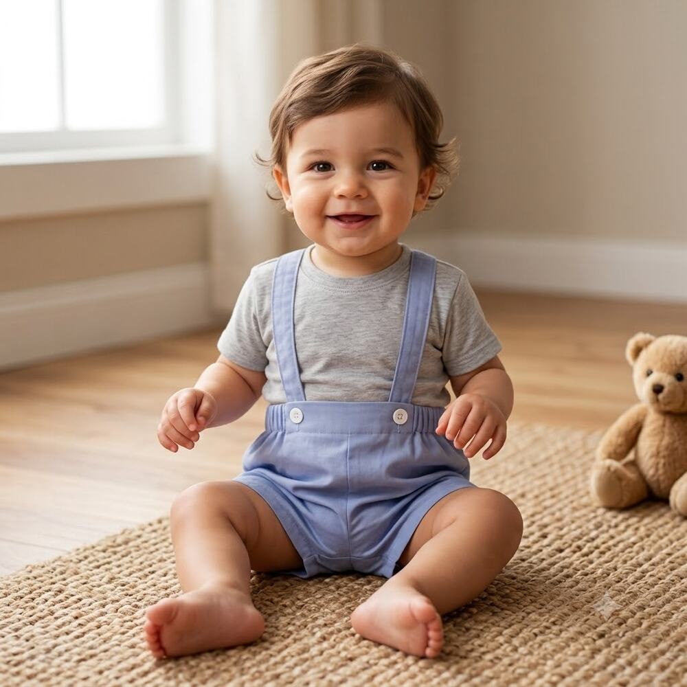 Vintage Tiny Dabin Light Blue Suspender Shorts (Size 3–6M / Small)